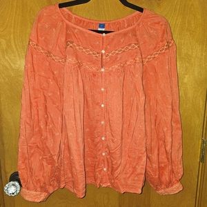 OLD NAVY Orange Embroidery Peasant Top LARGE
